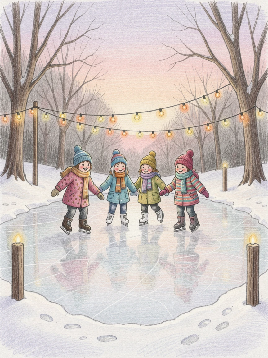 Children ice skating together on a frozen pond ringed with string lights, captured in the soft light of early evening, radiating nostalgia, warmth, and holiday joy.