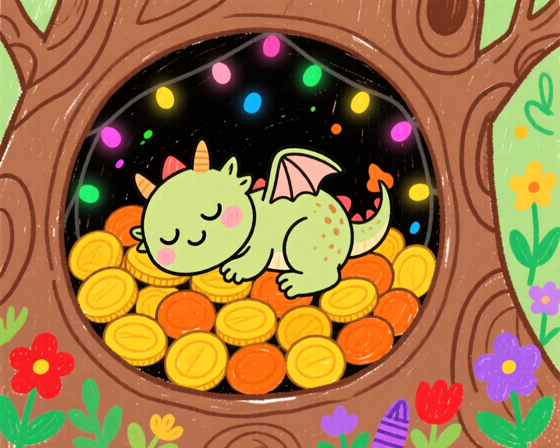 A tiny dragon curled up asleep on a pile of gold coins inside a hollow tree filled with twinkling lights.