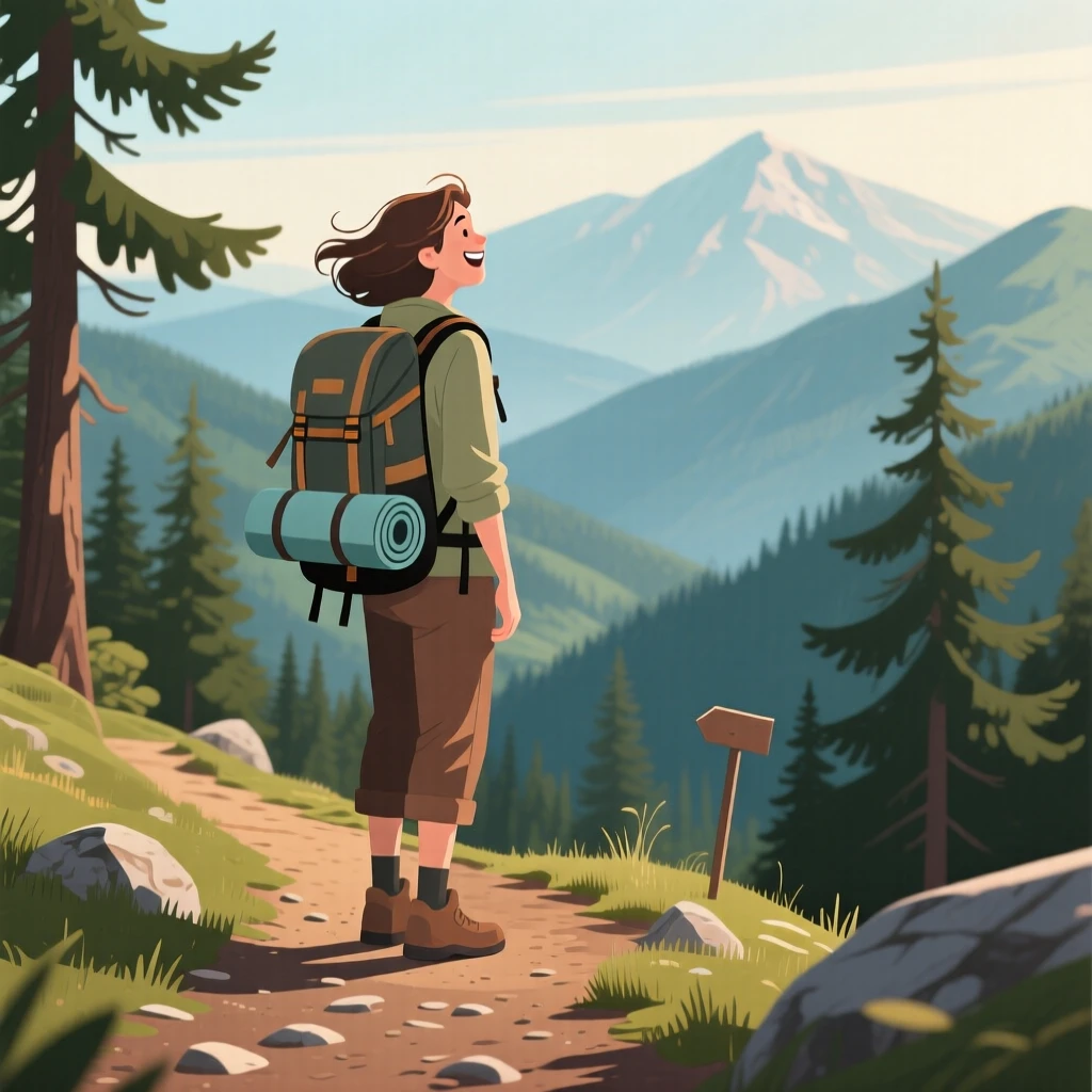 A traveler with a backpack gazing out over a scenic overlook, on a scenic mountain trail surrounded by pines, composed with soft depth of field drawing focus to the subject, with small joyful details like flying hair or bright laughter.