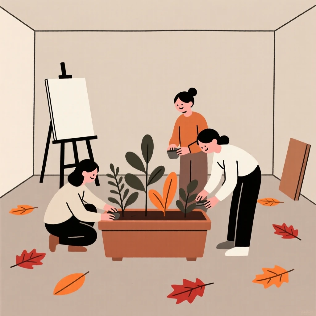 A group of friends tending to a garden in a small art studio, surrounded by scattered autumn leaves, conveying warm connection.