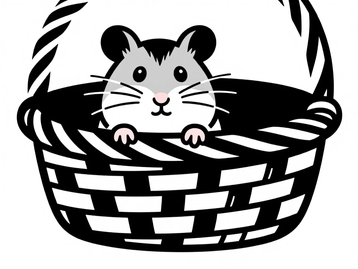 A tiny hamster peeking out of a wicker basket.