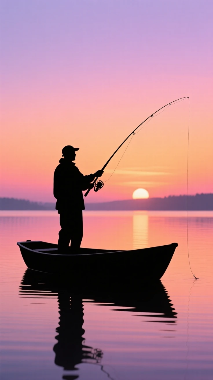 A fisherman casting a line from a small boat at dawn on a still lake.