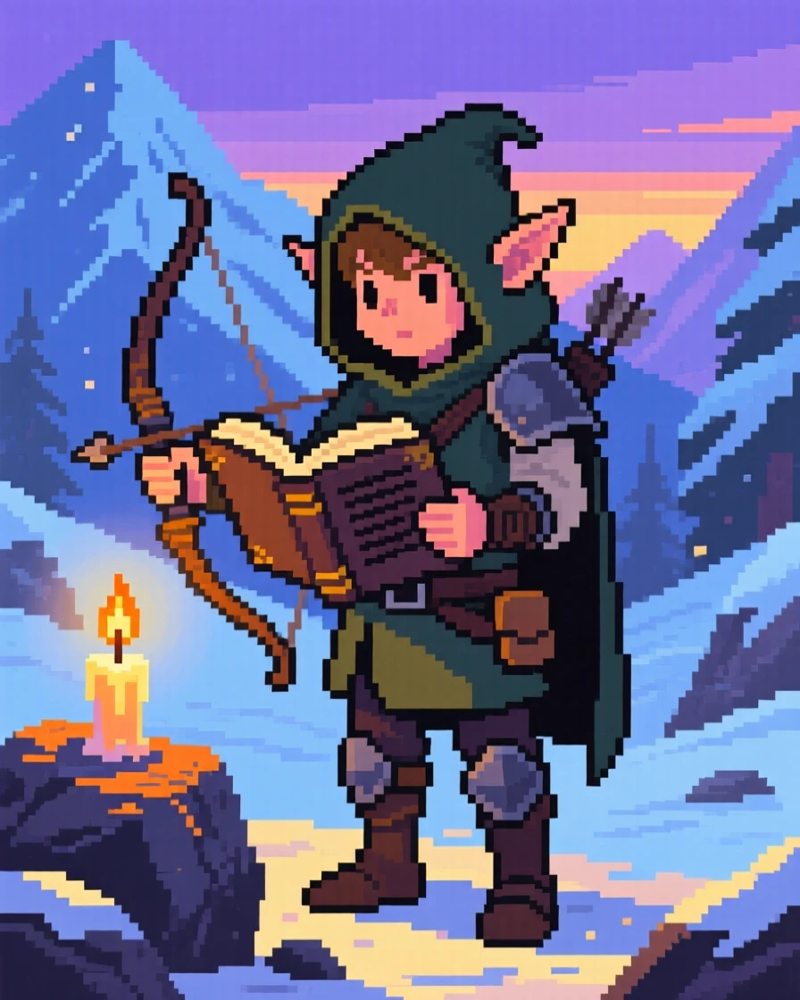 A small elf scout with a bow reading an old spellbook by candlelight, in a snowy mountain pass at dusk.