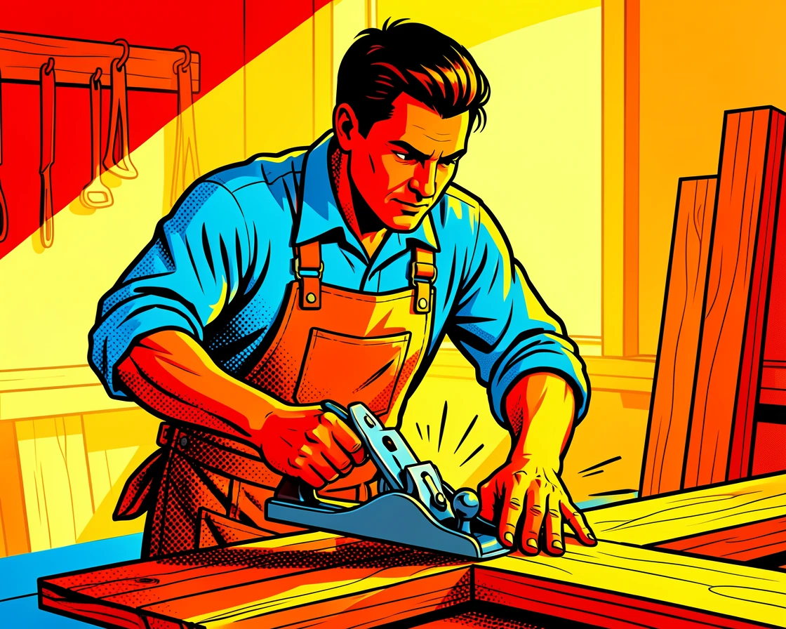 A carpenter shaping wood in a sunlit workshop