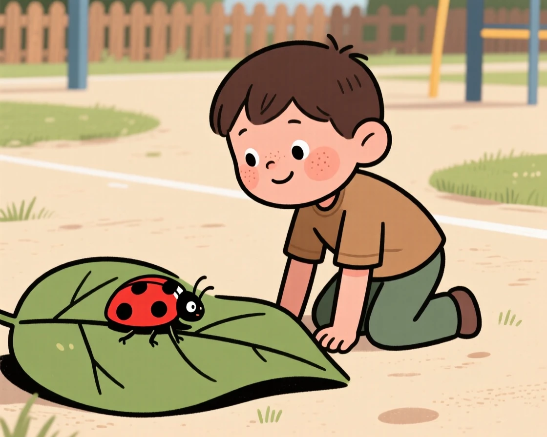 A curious little boy kneels beside a ladybug on a leaf in the school playground, watching intently as it slowly makes its way across a leaf.
