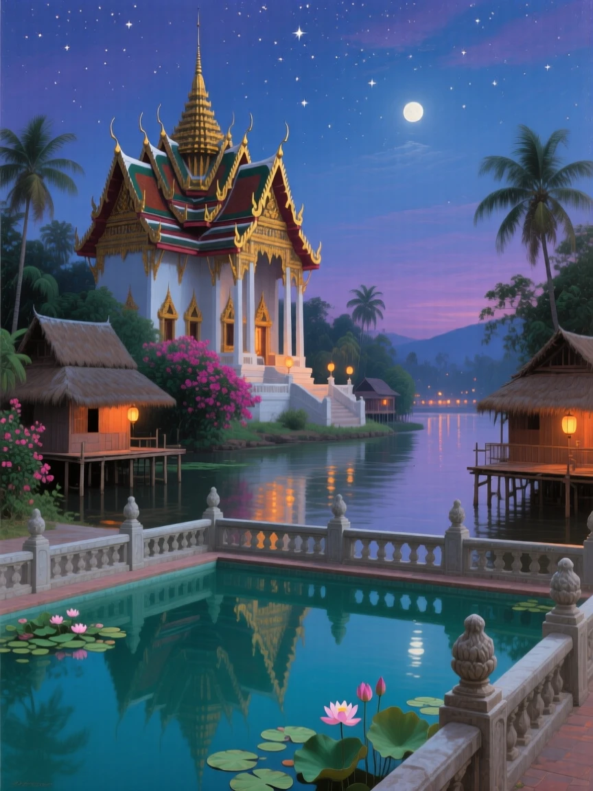A grand panoramic scene of a grand old palace reflected in a still ornamental pool, in a Thai river village, under a canopy of stars.