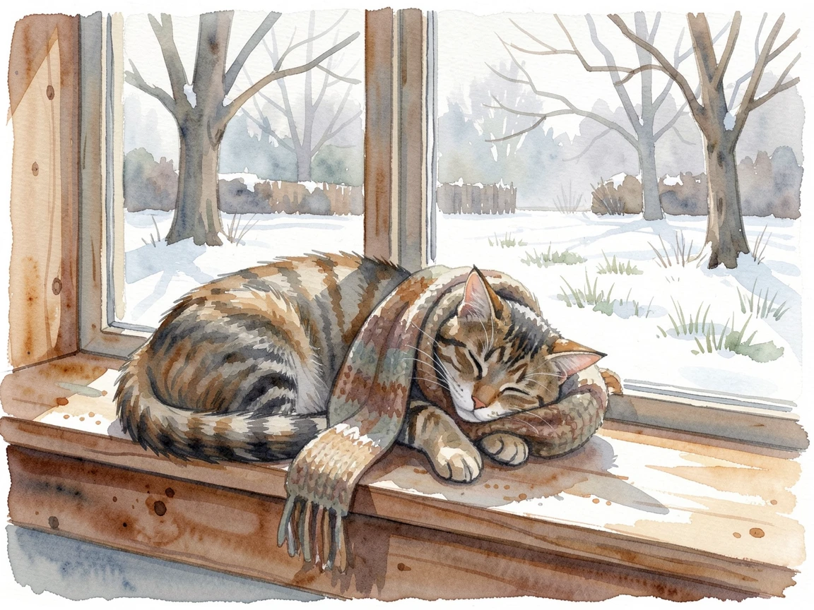 A tabby cat napping on a windowsill in a snowy backyard wearing a cozy knitted scarf.
