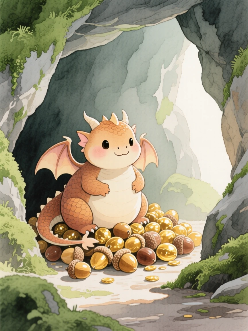 A plump little dragon hoards a pile of shiny acorns instead of gold inside a cozy cave lined with moss