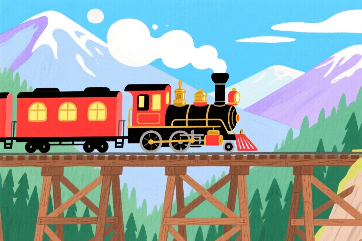 A red vintage train crossing a mountain trestle, peaceful and full of gentle motion.
