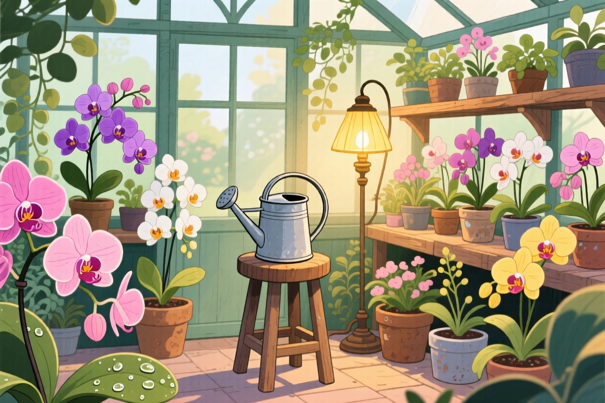 A greenhouse filled with blooming orchids and a watering can resting on a stool, with soft golden lamplight glowing nearby, filled with quiet gratitude for life's small pleasures.