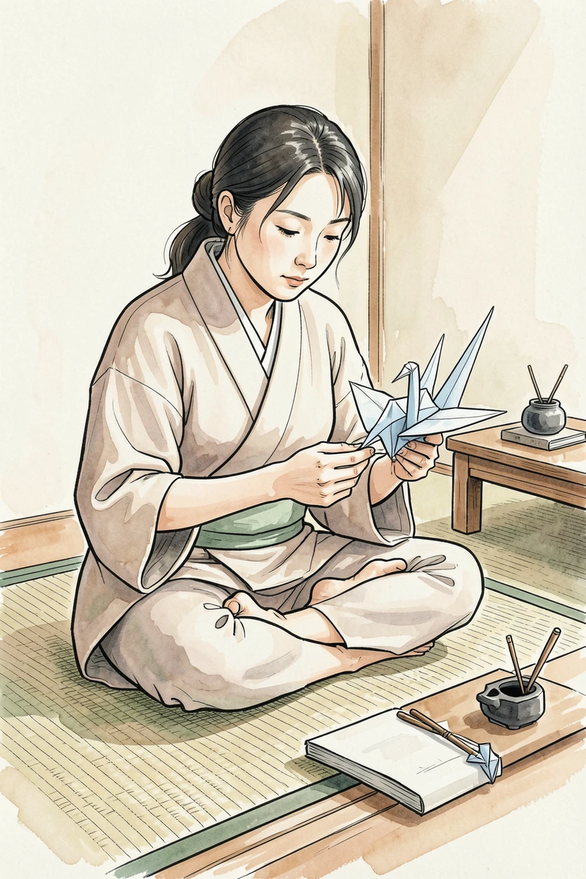 An origami artist folding a delicate paper crane on a quiet tatami mat