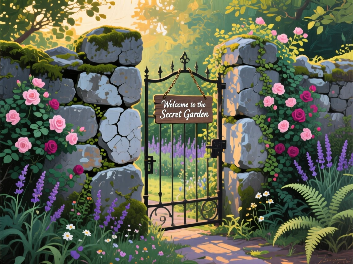 an overgrown secret garden behind an old stone wall, in the last light before evening, from an inviting eye-level viewpoint.