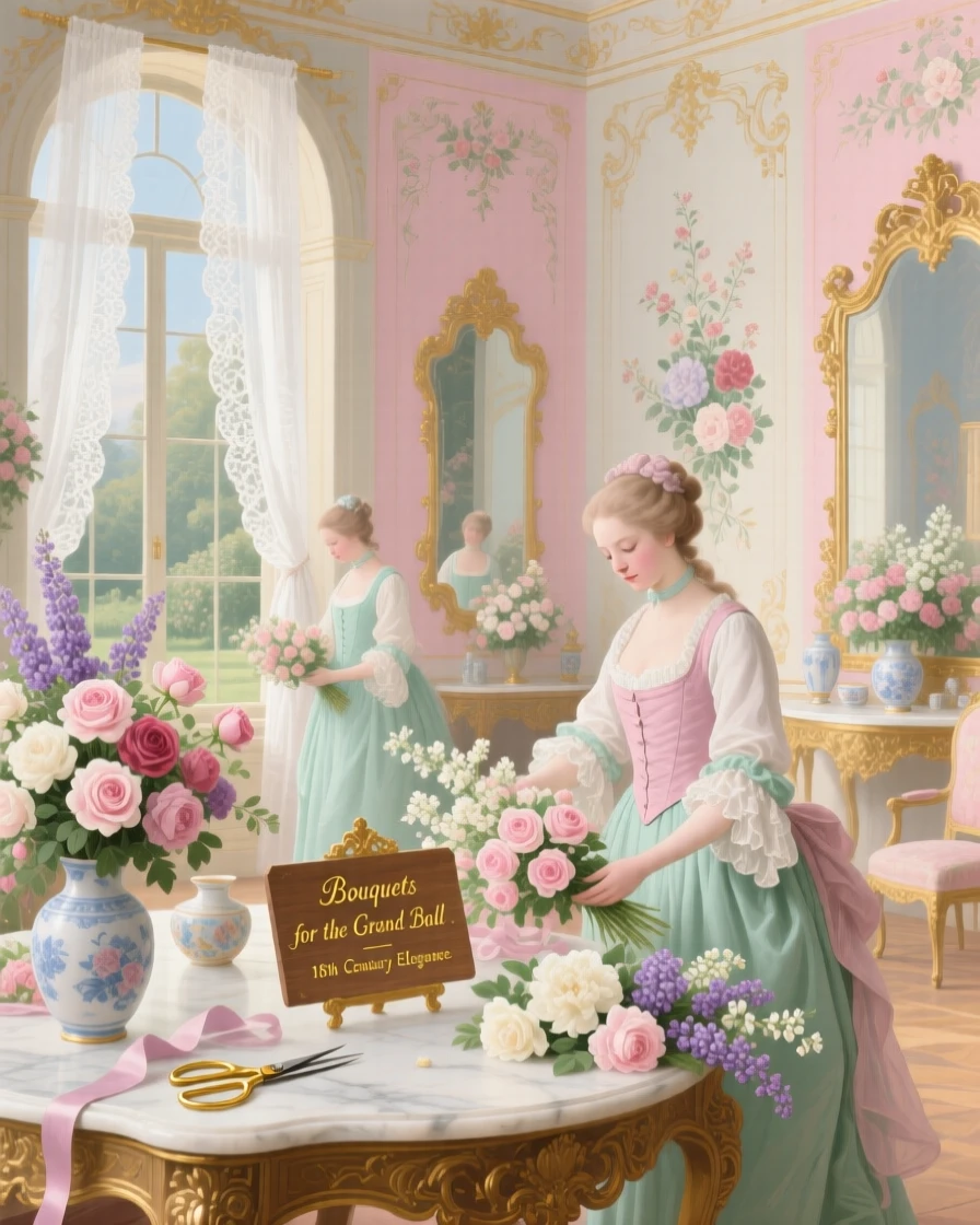 A palace flower room with gardeners preparing bouquets for a ball  