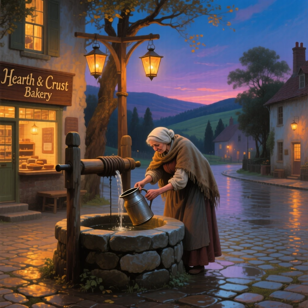 An old woman gathers at the well in a village bakery filling the street with warmth as lanterns glow in the dusk.