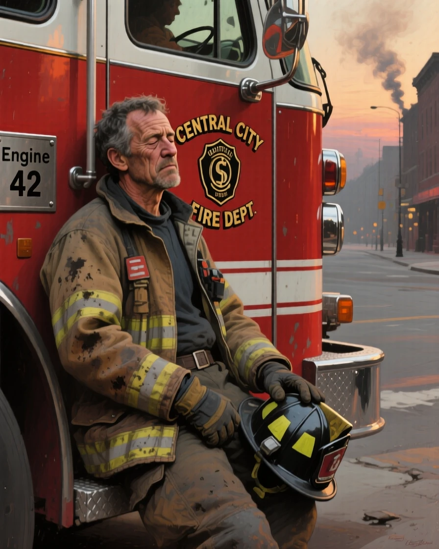 A weary firefighter resting against his truck after a long night's work, every wrinkle and expression telling a story of a life fully lived, offering a tender and unforgettable glimpse into the human spirit