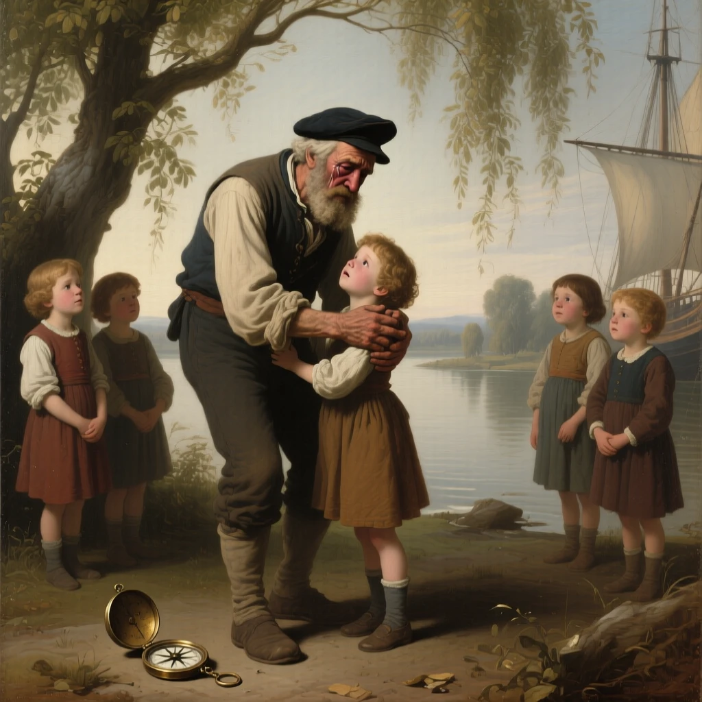An old sailor recounting his final voyage to eager grandchildren at the moment hope and fear collide, set beside a quiet riverbank framed by willow trees, with trembling hands, tear-streaked faces, and a single dropped object forgotten on the ground; the two central figures are drawn close together in an intimate embrace, filled with gratitude, humility, and human warmth.