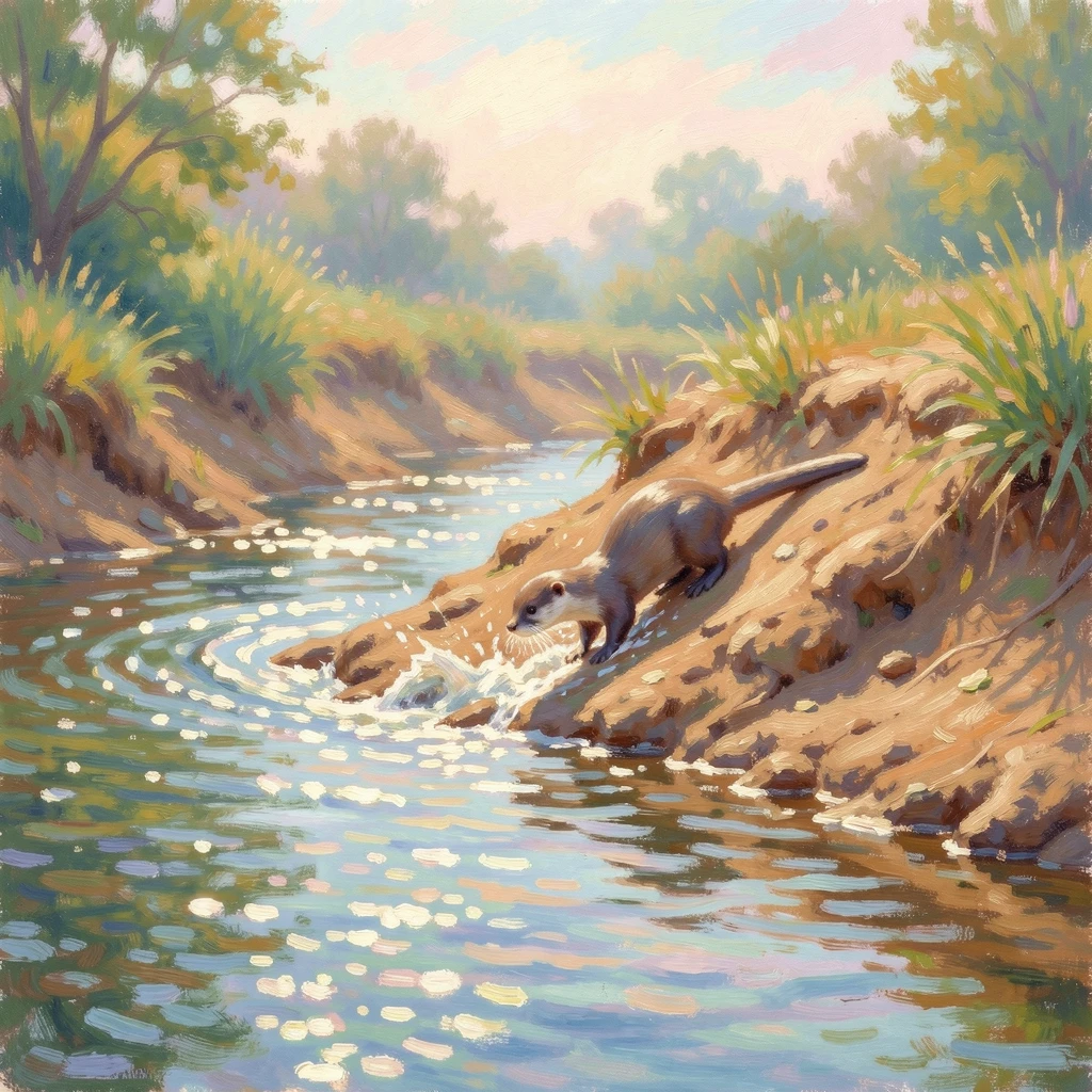 A river otter sliding down a muddy bank into a sparkling stream on a sunny afternoon.