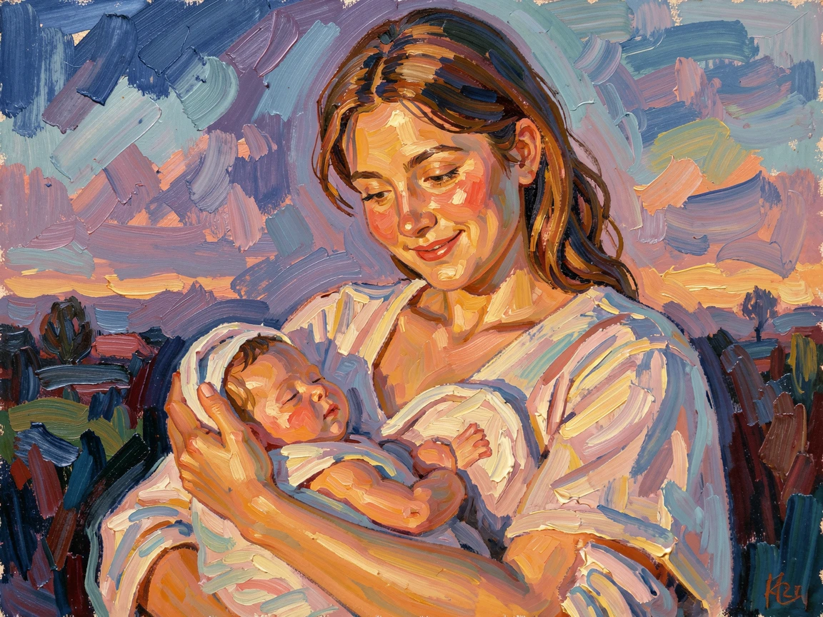 A young mother cradling her newborn, her face soft with tenderness in early morning light.