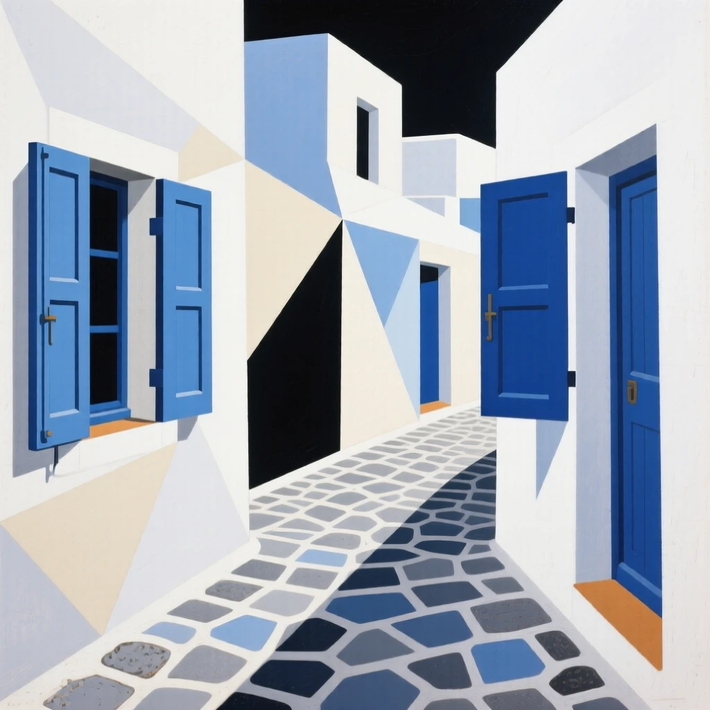 A quiet alley in Santorini lined with whitewashed walls and blue shutters.