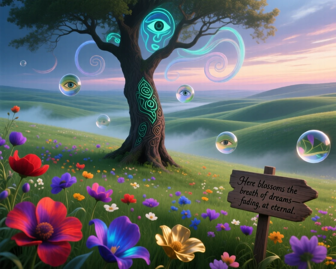 A spring meadow where flowers bloom and wilt within seconds moves slowly across a horizon streaked with fading light, while a single tree stands untouched at the center of it all.
