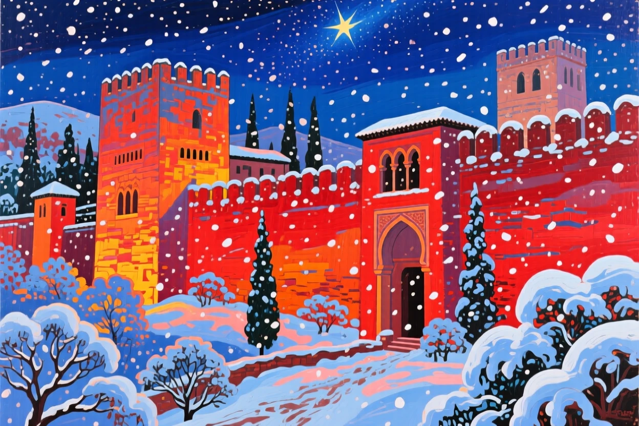 The Alhambra's red walls glowing beneath a starlit sky, as the first snow of winter begins to fall, snow dusting every surface