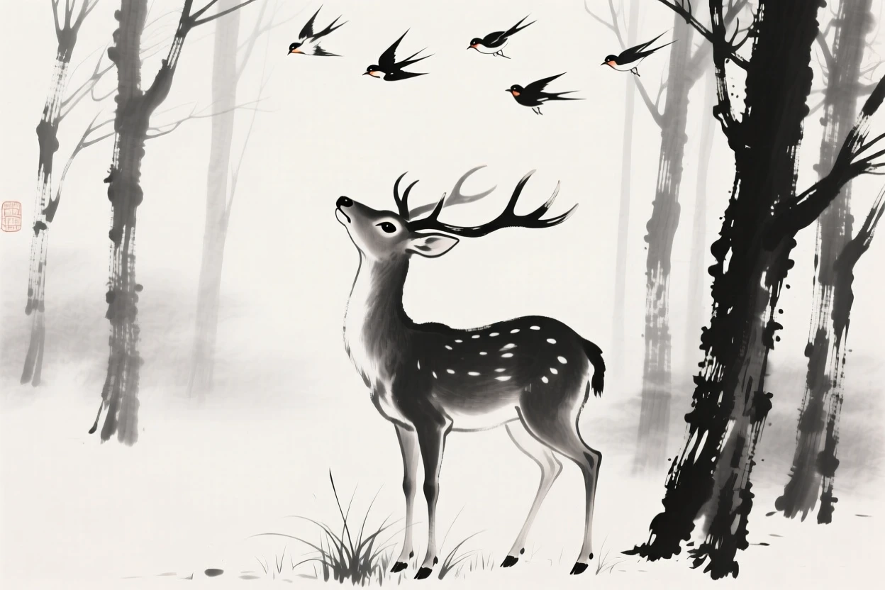 A deer looks up from grazing as mist drifts through the trees, while birds call from the surrounding branches.