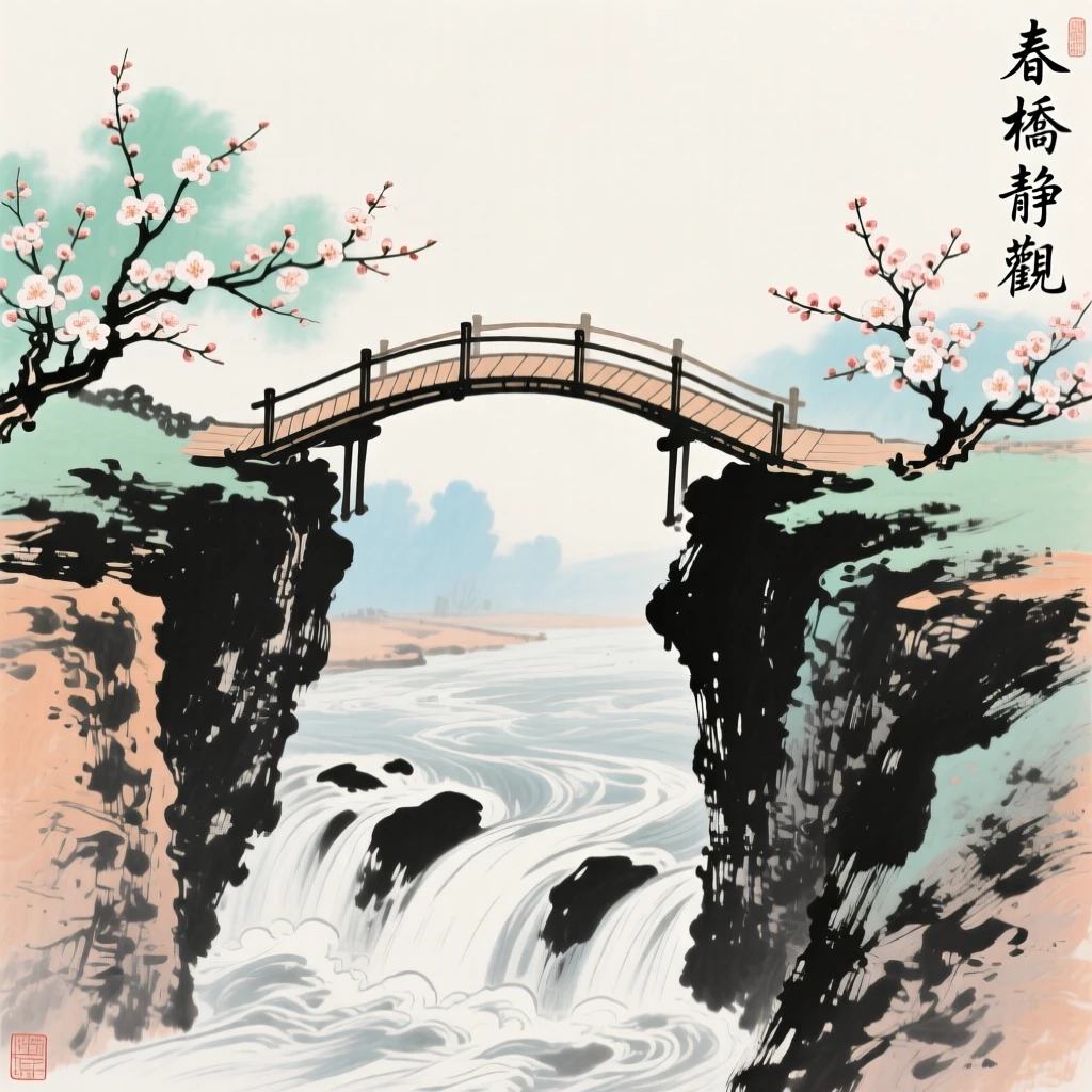 A wooden footbridge crossing a gorge high above a rushing river, as spring blossoms unfold, radiating gentle serenity.