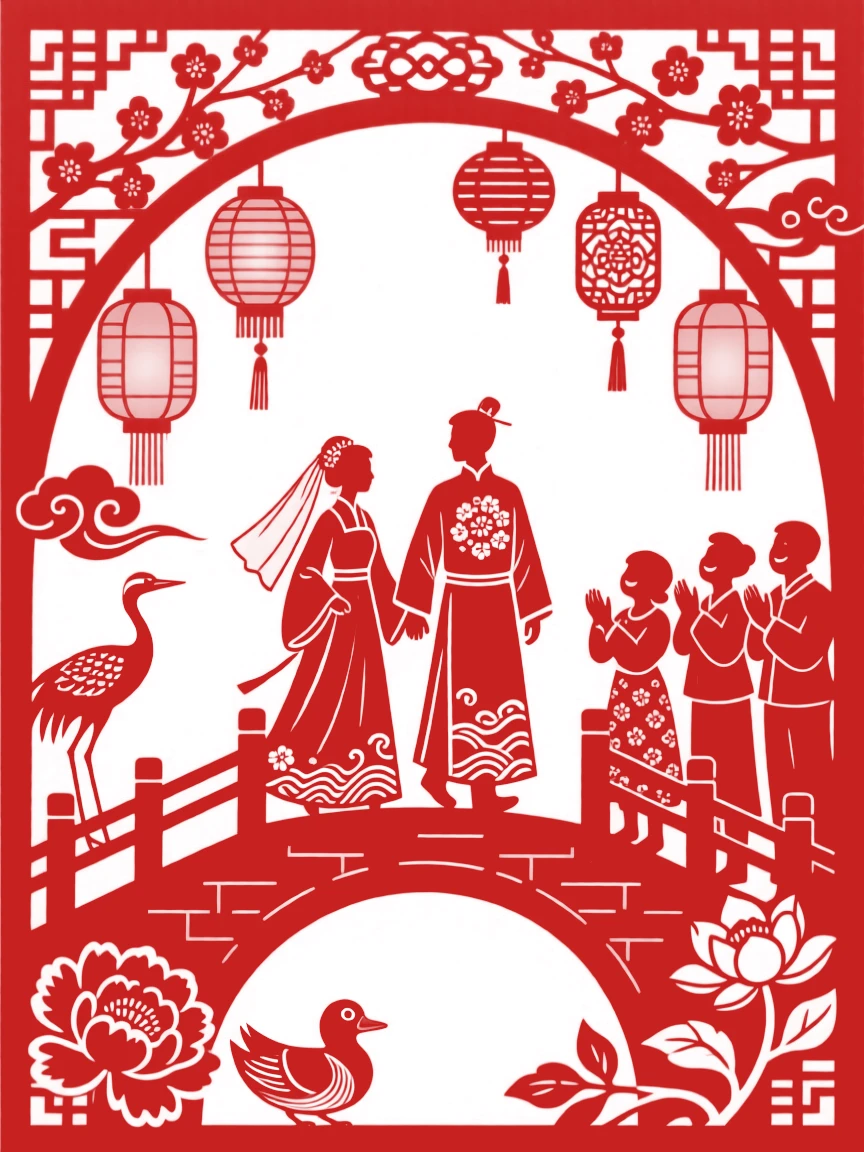 Newlyweds walking hand in hand along a lantern-lit bridge, family and friends watching with joyful smiles.
