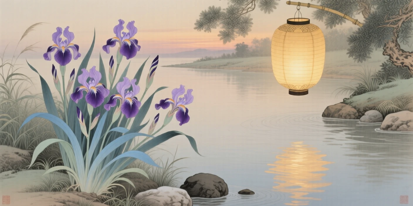 Irises growing along a riverbank under a paper lantern glowing at dusk