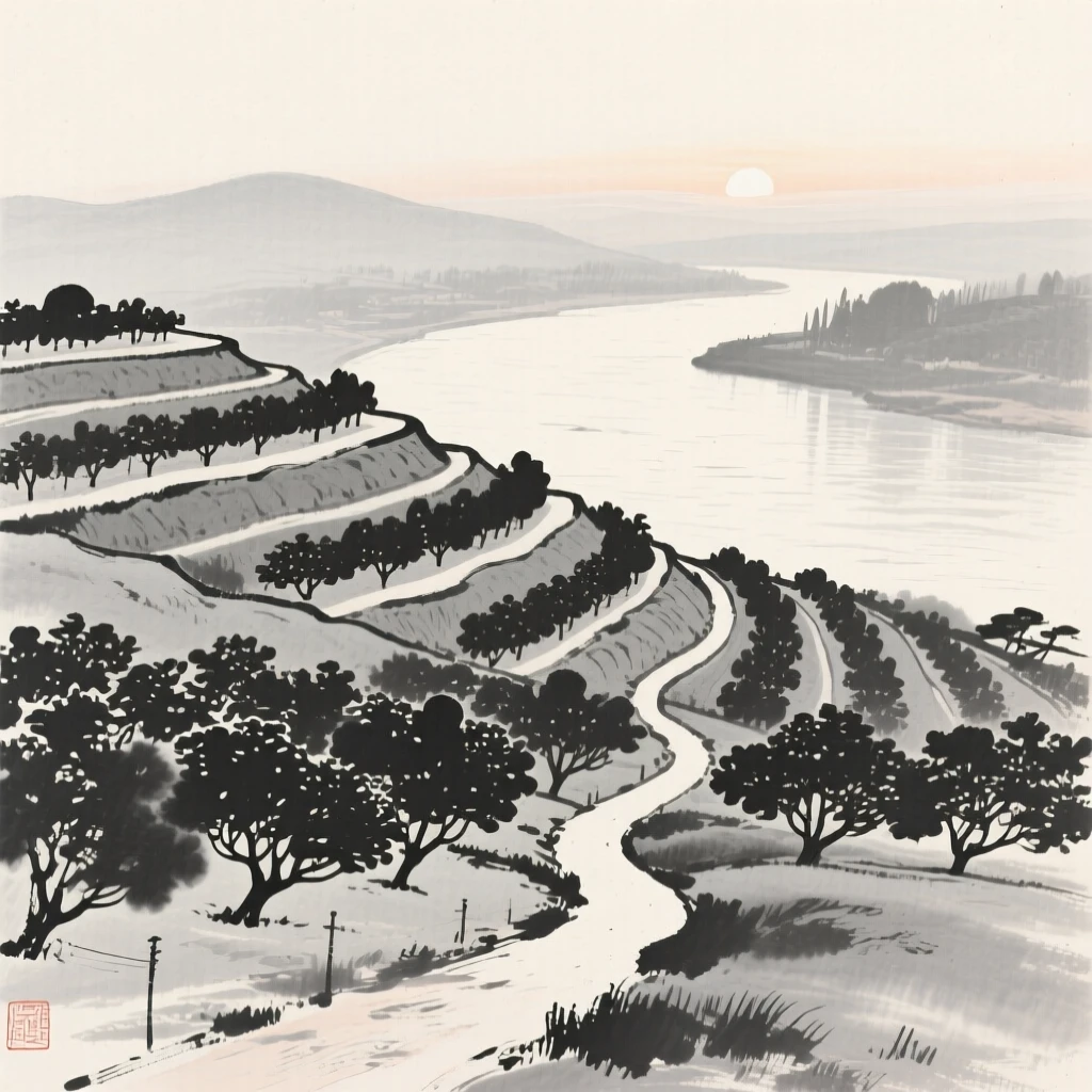A stepped hillside orchard overlooking a quiet river bend at first light, when the world is still hushed and grey, captured from a narrow path winding into the depth of the scene, carrying a feeling of timeless peace and stillness.