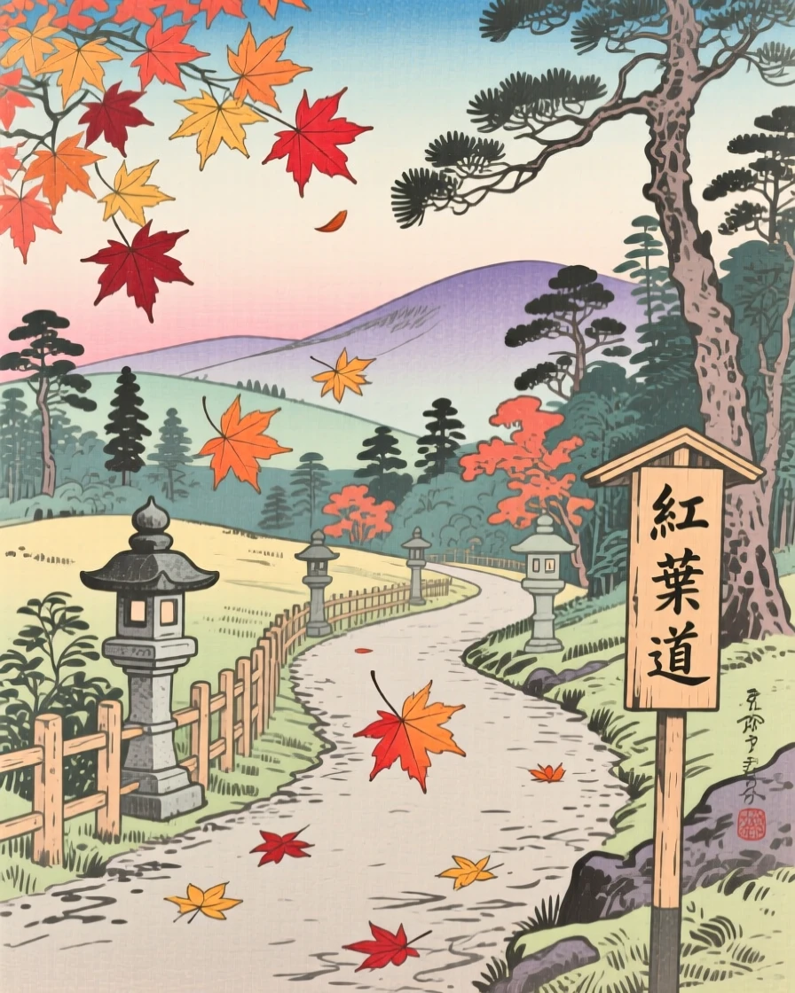 Drifting maple leaves along a quiet path under a soft pastel sky.