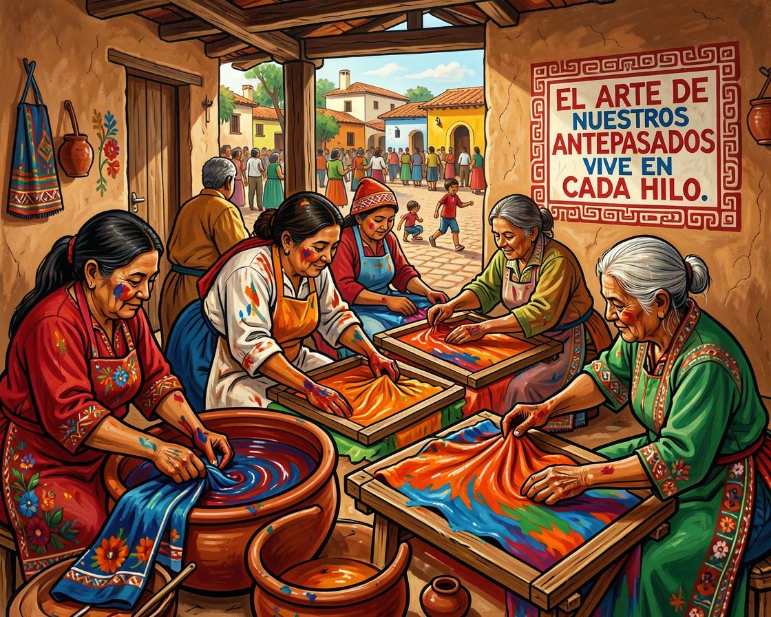 A group of artisans hand-dyeing fabric in vibrant colors