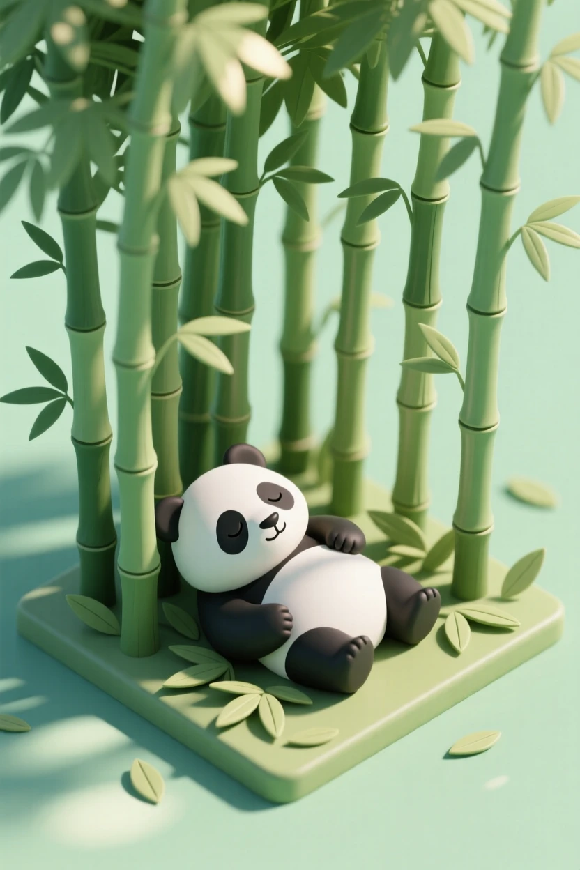 A bamboo forest with towering green stalks swaying gently, dappled sunlight filtering through, and a panda resting peacefully among the leaves.