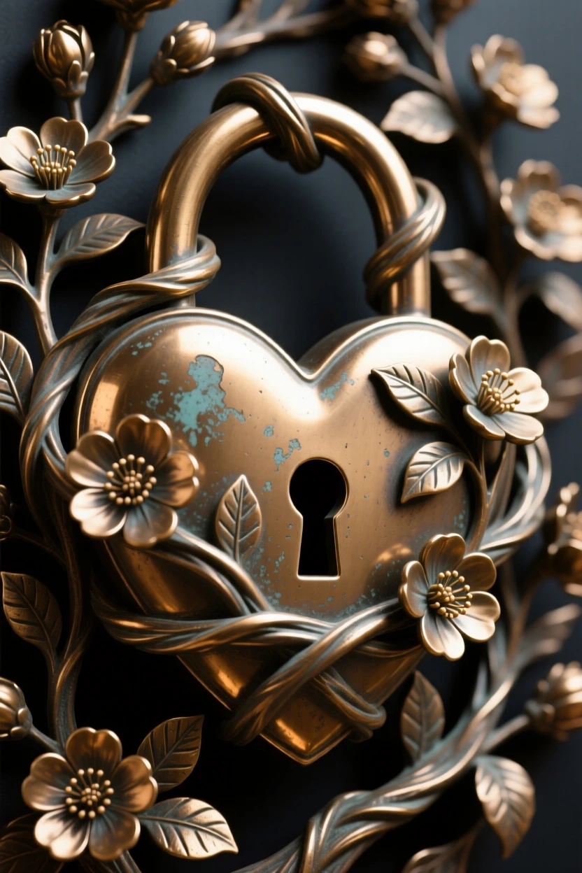 A heart-shaped lock bound in vines of blooming flowers, symbolizing devotion, composed with striking clarity and a strong central focal point, evoking deep emotional resonance