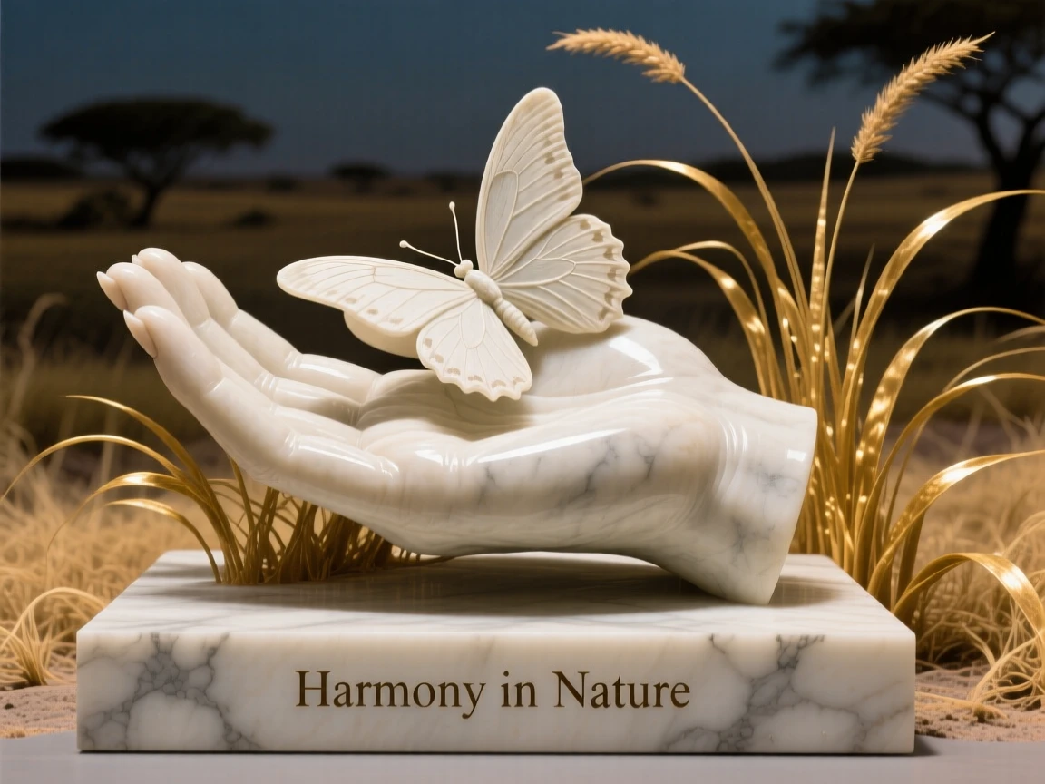 A butterfly resting on an open palm captured in a powerful, dignified pose in golden savanna grass