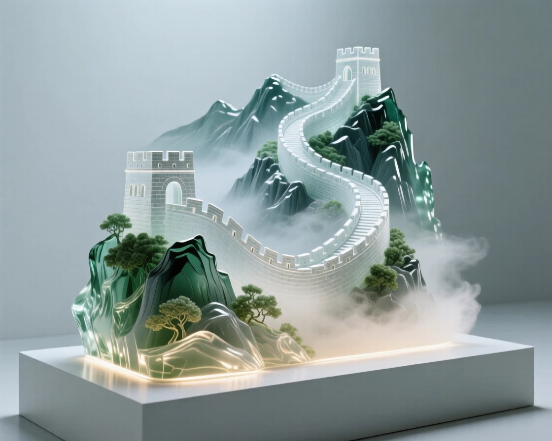 The Great Wall winding across mountain ridges surrounded by lush greenery and soft morning mist, wide establishing composition, feeling serene and majestic.