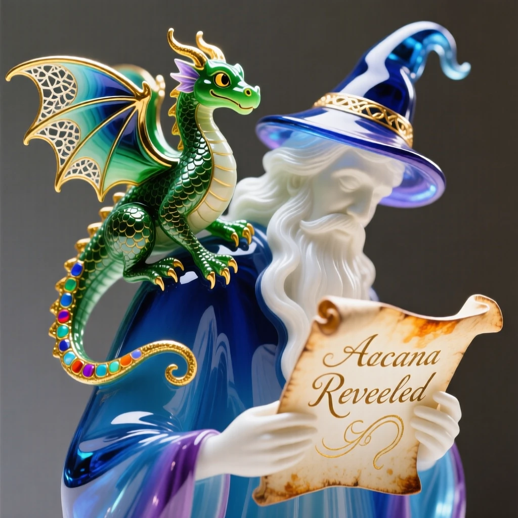 A tiny dragon perched on a wizard's shoulder reading an old scroll, charming and playful.