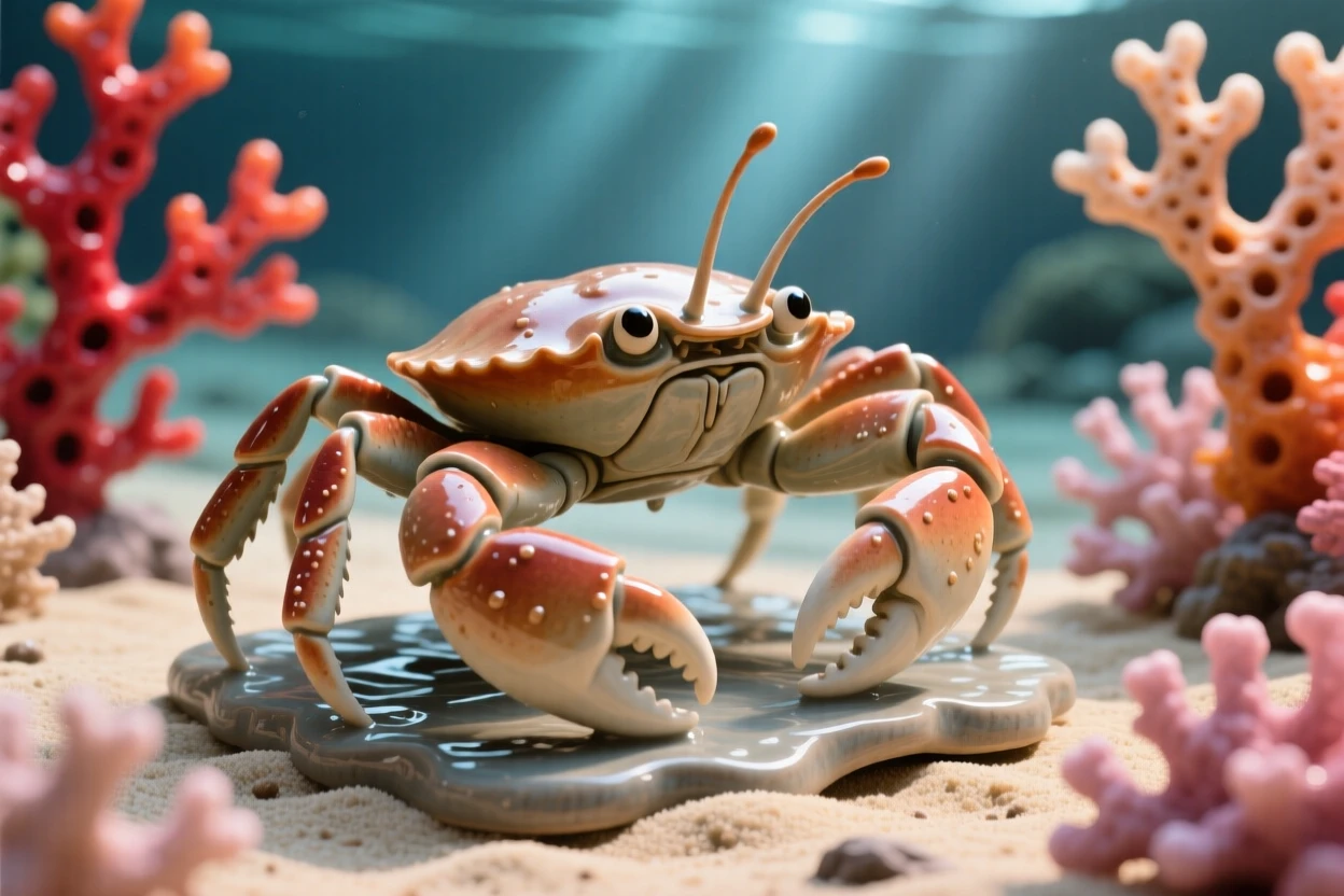 A crab scuttling across wet sand suspended in a shaft of filtered sunlight, framed by vibrant coral formations, radiating playful, gentle joy.
