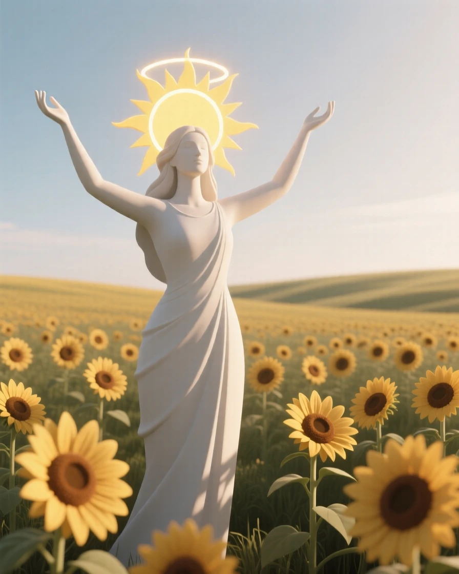 A radiant sun goddess raises golden arms, warm light spreading across a field of blooming sunflowers.