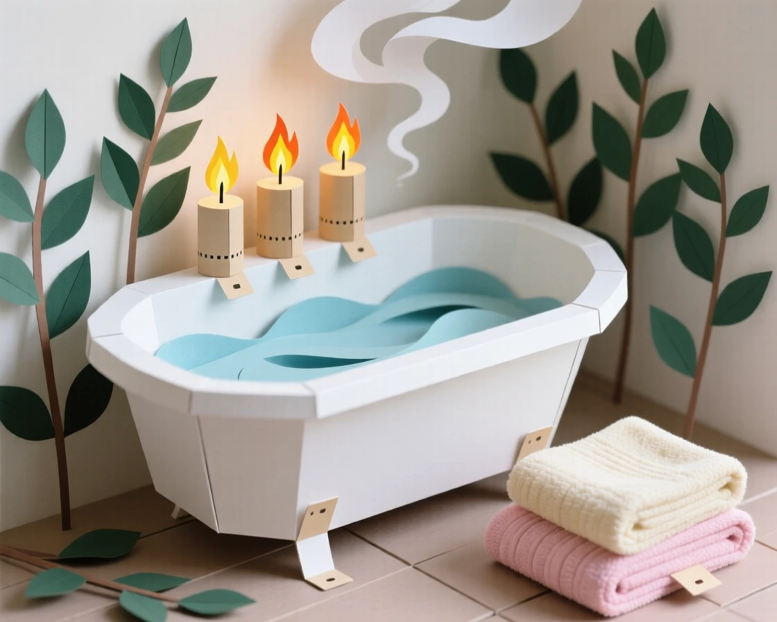A candlelit bathtub surrounded by eucalyptus branches and soft towels, steam rising gently, evoking self-care and tranquility.