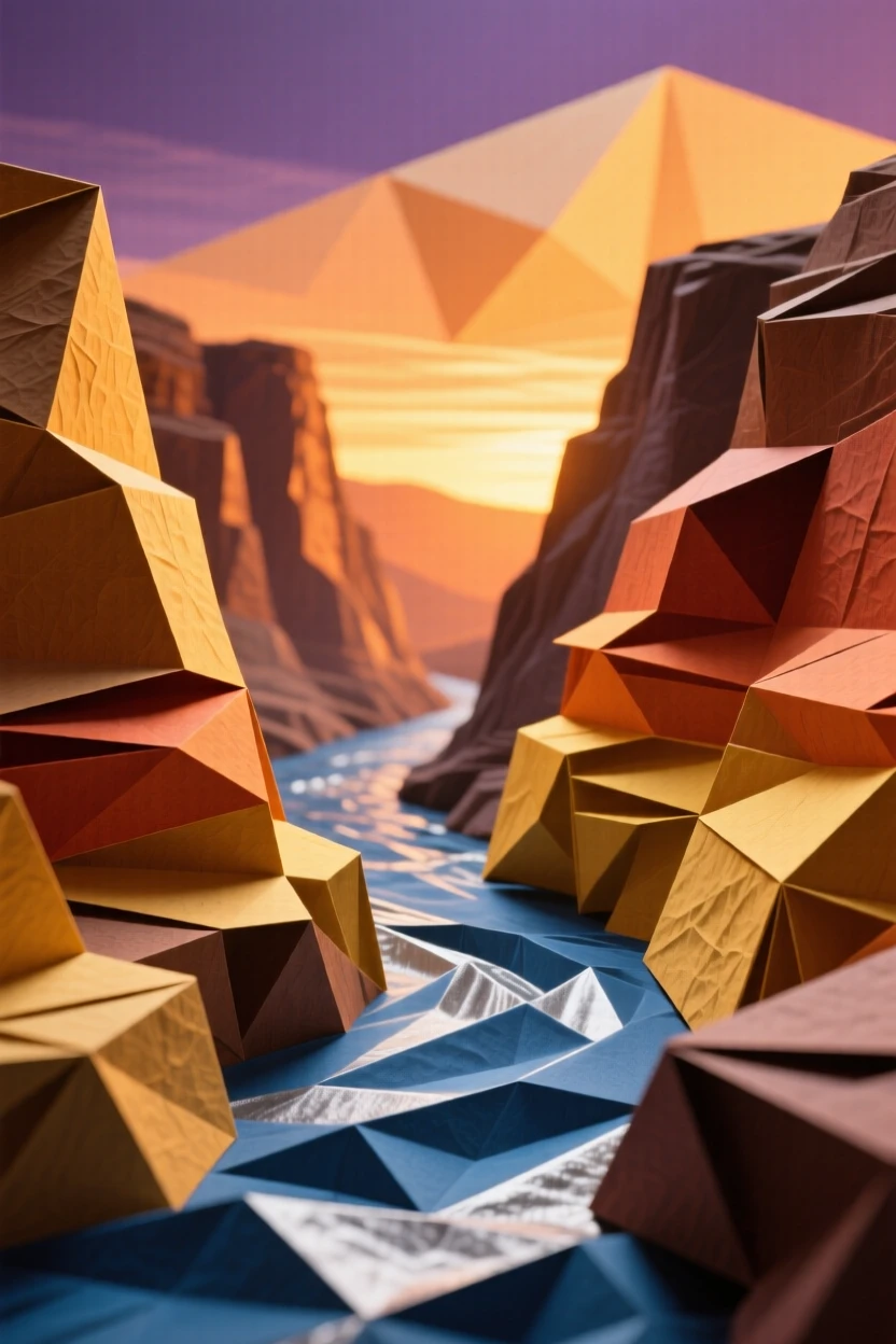 A dramatic canyon river carving through layered rock walls glowing amber at sunset.