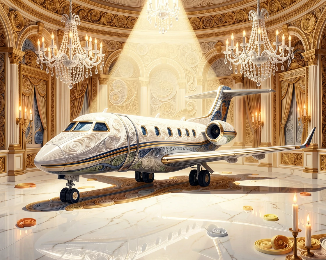A sophisticated luxury scene of a private jet parked on a sunlit tarmac in a grand ballroom lit by chandeliers, with soft candlelight reflecting off polished surfaces, composed with a soft glowing spotlight on the subject.