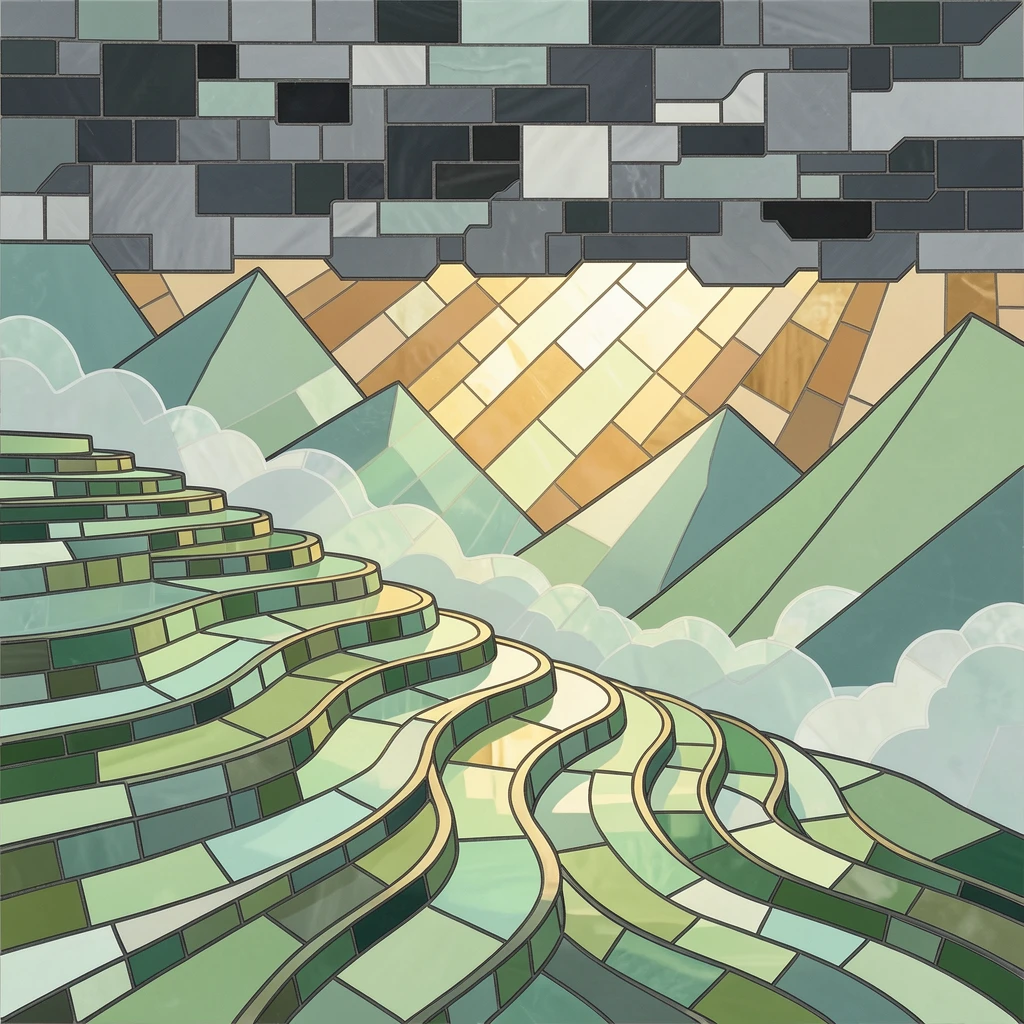 Terraced rice paddies climbing a misty mountainside in soft green light, framed by distant storm clouds and a break of sunlight.
