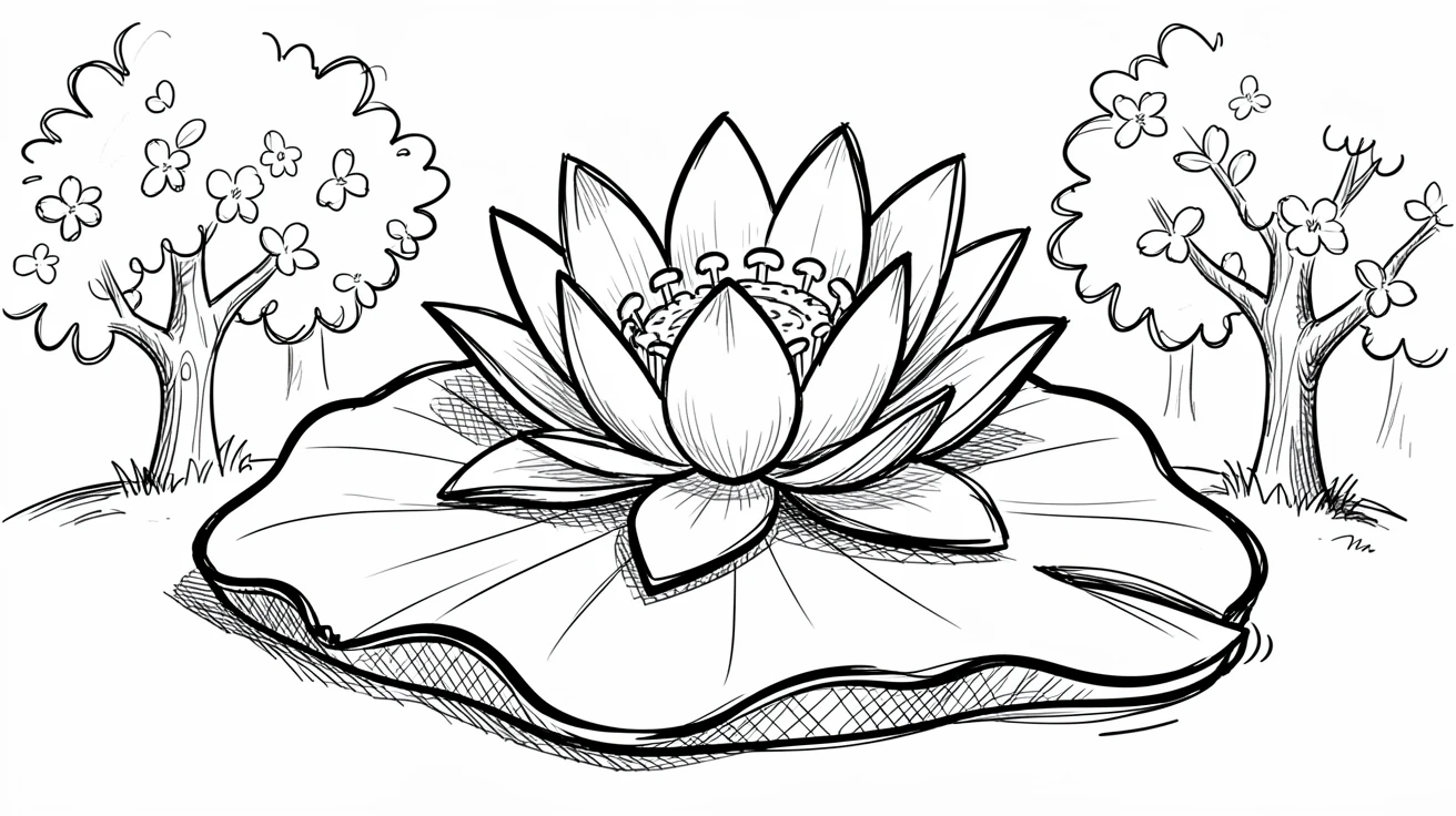 A giant water lily pad with a flower in an orchard at bloom time.
