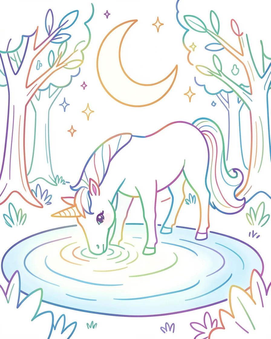 A moonlit unicorn drinking from a glowing forest pool.