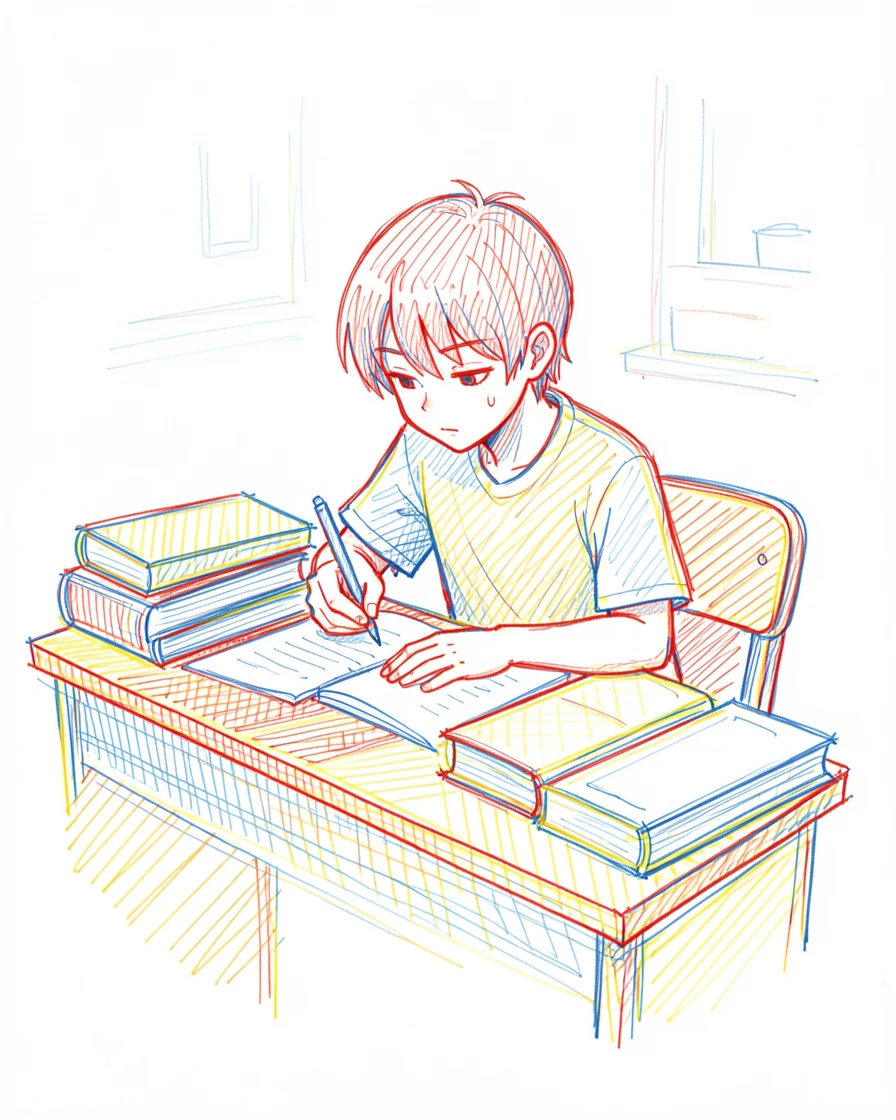 A young student writing intently at a desk piled with books