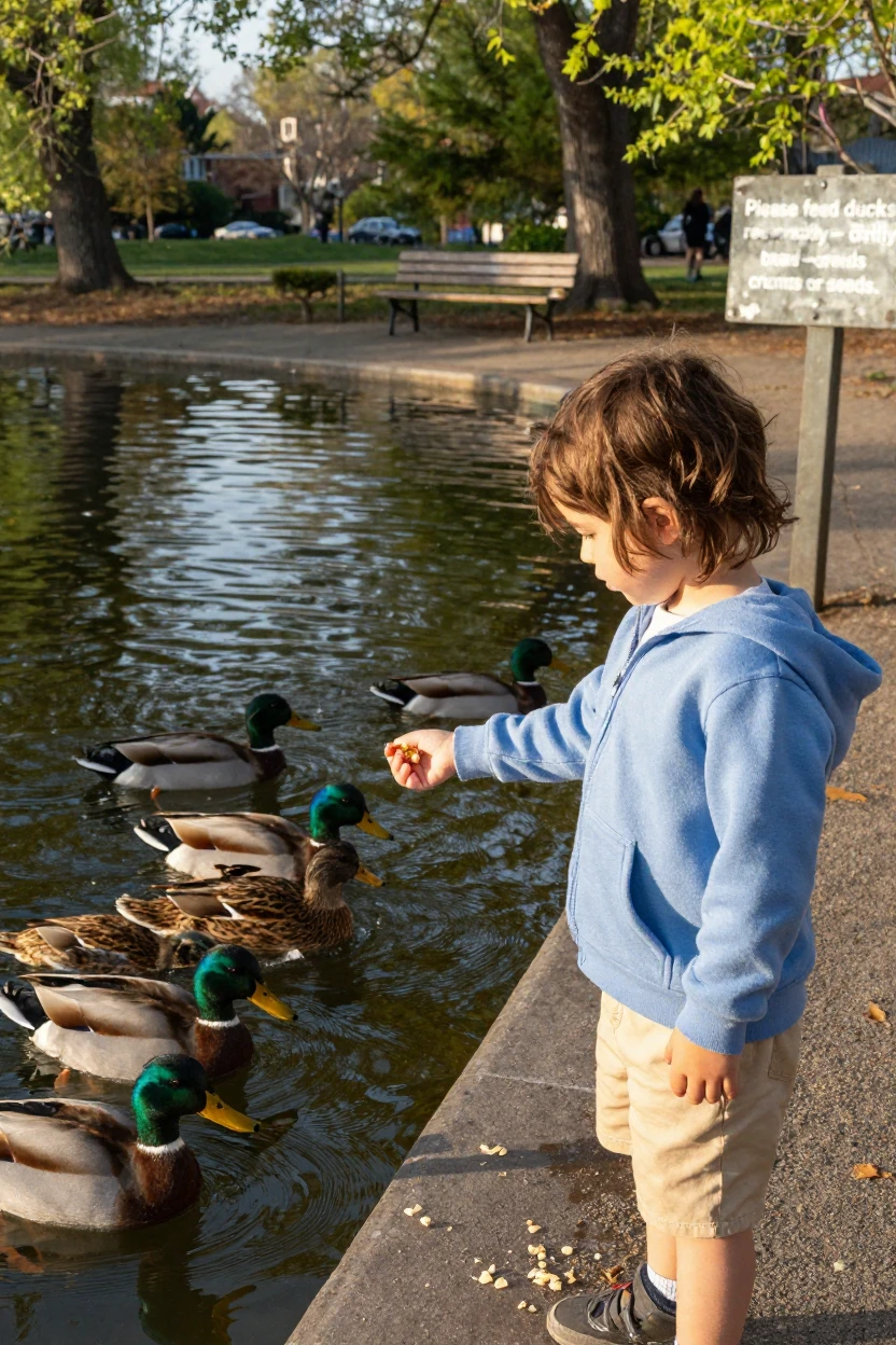 A child feeds ducks bread crumbs at a park pond, careful not to get too close.