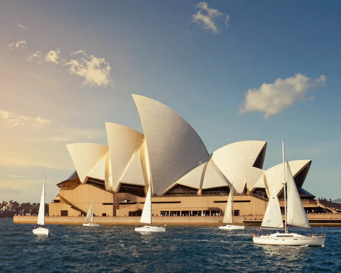 The Sydney Opera House gleaming white against a harbor full of sailboats