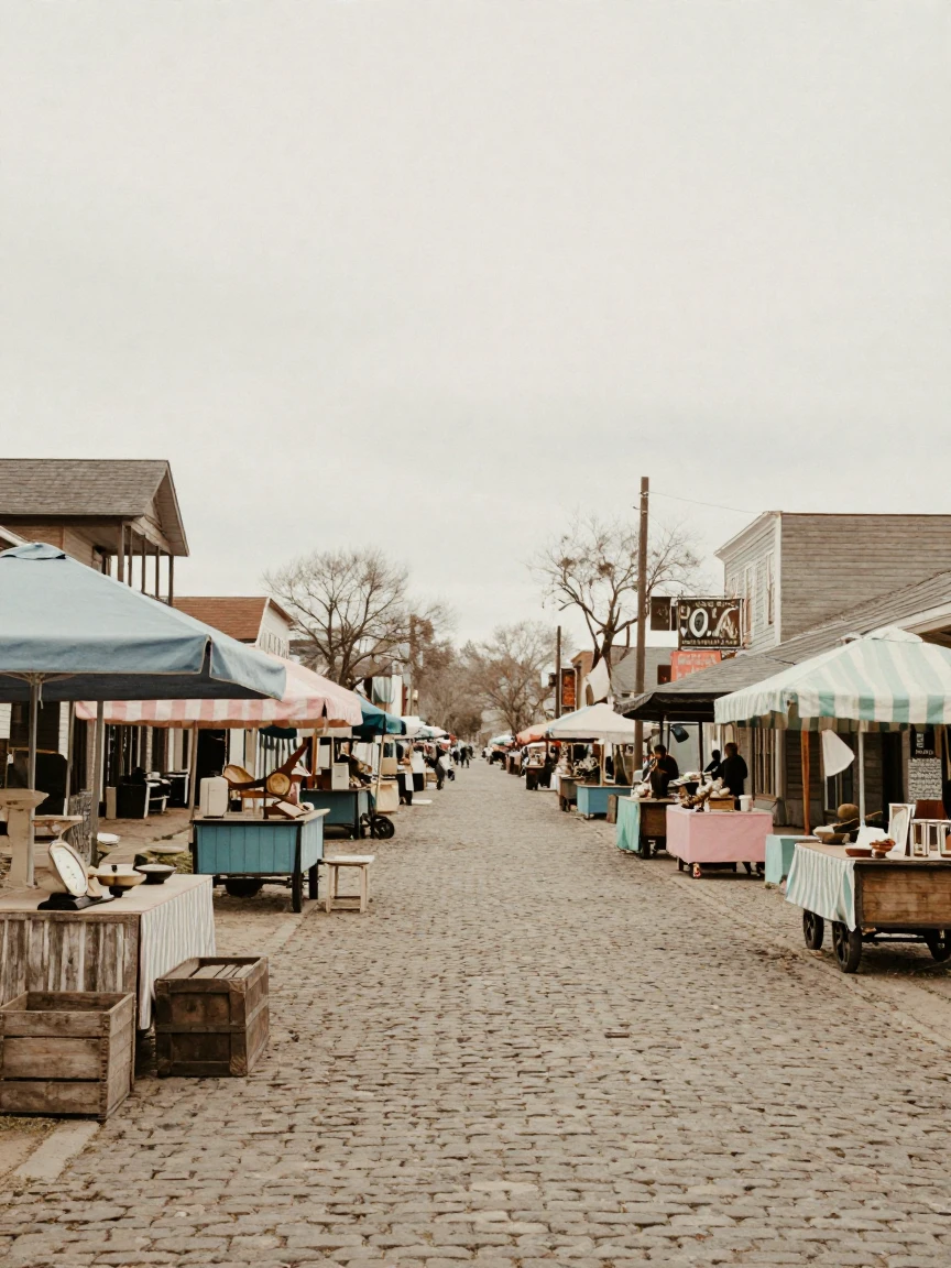 An old market street lined with striped awnings and vendor carts, under a pale winter sky, in crisp, dry air, in early spring, in soft muted pastels, from behind, looking toward the horizon.