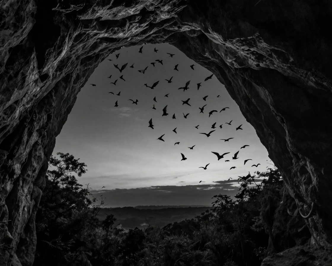 A colony of bats streams out of a cave at dusk against a darkening evening sky.